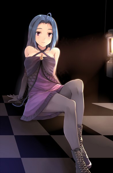 Anime picture 1000x1527 with idolmaster idolmaster (classic) miura azusa yuki usagi (mofurafu) single long hair tall image looking at viewer red eyes sitting bare shoulders blue hair bent knee (knees) arm support shadow legs light checkered floor girl dress