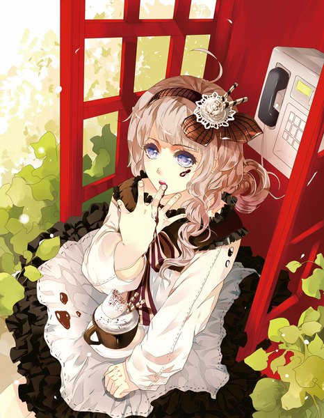 Anime picture 900x1157 with original aiki-ame single long hair tall image looking at viewer fringe open mouth blonde hair sitting purple eyes fingernails from above wavy hair girl dress hair ornament bow ribbon (ribbons) plant (plants)