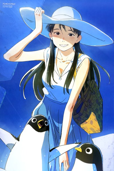 Anime picture 4097x6133 with penguin highway newtype onee-san (penguin highway) arai youjirou single long hair tall image looking at viewer highres black hair smile absurdres cleavage black eyes scan official art sleeveless shaded face adjusting hat girl