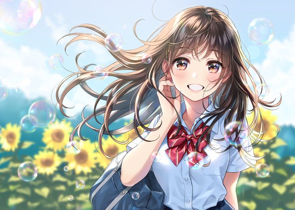 Anime picture 1845x1318 with original morikura en single long hair looking at viewer blush fringe highres breasts smile brown hair standing brown eyes signed sky cloud (clouds) upper body outdoors wind blurry
