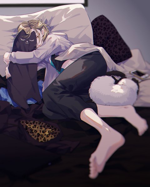 Anime picture 1376x1722 with yuri!!! on ice mappa yuri plisetsky yamada chickenko single tall image short hair blonde hair looking away full body lying barefoot hug soles covering animal print covering face leopard print boy pillow