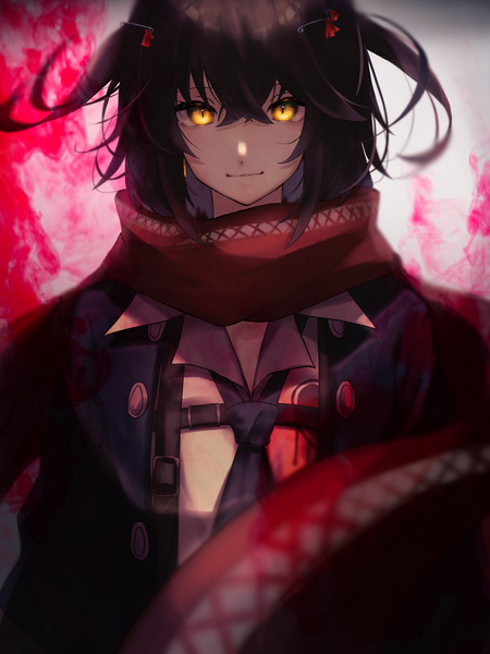 Anime picture 1712x2283 with virtual youtuber nijisanji mashiro (nijisanji) oumiomi single long hair tall image looking at viewer fringe highres black hair smile hair between eyes yellow eyes upper body two side up androgynous boy necktie scarf