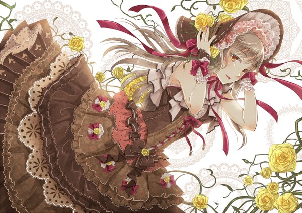 Anime picture 1227x867 with original nekozuki yuki single long hair blush open mouth brown hair orange eyes lolita fashion girl dress flower (flowers) ribbon (ribbons) bow frills rose (roses) bonnet yellow rose