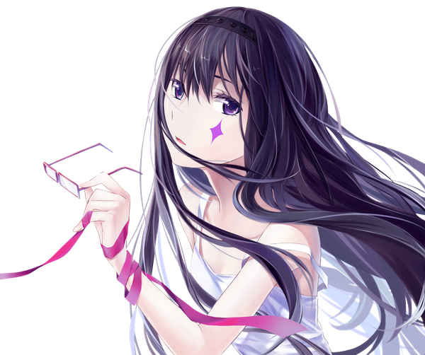 Anime picture 1000x837 with mahou shoujo madoka magica shaft (studio) akemi homura azmodan single long hair looking at viewer fringe open mouth purple eyes holding purple hair parted lips transparent background face paint rendered girl ribbon (ribbons) glasses headband