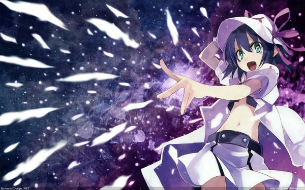 Anime picture 1280x800 with yumekui merry merry nightmare single short hair open mouth wide image purple hair midriff girl navel ribbon (ribbons) hat belt