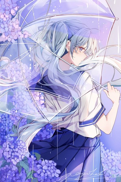 Аниме картинка 2731x4096 с вокалоид хацунэ мику nagihaha один (одна) высокое изображение высокое разрешение голубые глаза синие волосы очень длинные волосы профиль плиссированная юбка сзади дождь прозрачный зонт девушка юбка форма цветок (цветы) сэрафуку зонт
