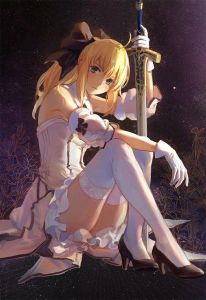 Anime picture 750x1090 with fate (series) fate/unlimited codes type-moon artoria pendragon (all) saber lily achyue single long hair tall image blonde hair sitting bare shoulders green eyes girl thighhighs gloves bow weapon hair bow white thighhighs