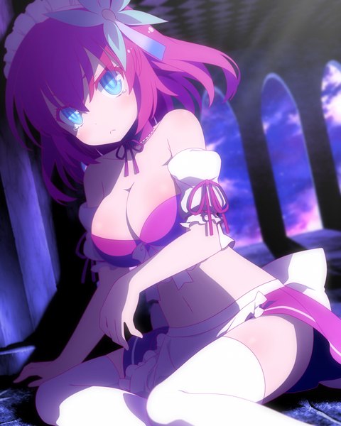 Anime picture 850x1063 with no game no life madhouse stephanie dora haribote (tarao) single tall image short hair breasts blue eyes light erotic bare shoulders pink hair maid girl thighhighs navel hair ornament white thighhighs headdress maid headdress
