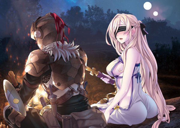 Anime picture 2868x2048 with goblin slayer! white fox goblin slayer sword maiden rwero blush fringe highres breasts open mouth light erotic blonde hair hair between eyes large breasts sitting holding payot outdoors ass very long hair
