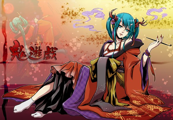 Anime picture 1150x800 with vocaloid hatsune miku momopanda single long hair looking at viewer open mouth sitting twintails nail polish traditional clothes japanese clothes horn (horns) aqua eyes aqua hair hieroglyph smoke oni horns smoking girl