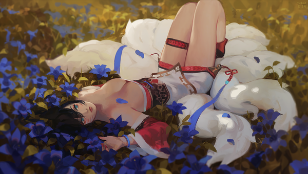 Anime picture 1250x710 with league of legends ahri (league of legends) yueko (jiayue wu) single long hair breasts blue eyes light erotic black hair wide image animal ears cleavage bent knee (knees) outdoors tail lying traditional clothes animal tail on back fox ears