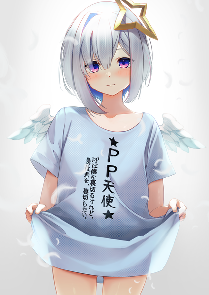 Anime picture 2508x3541 with virtual youtuber hololive amane kanata buket pudding i single tall image looking at viewer blush fringe highres short hair light erotic hair between eyes standing silver hair clothes writing girl wings halo t-shirt