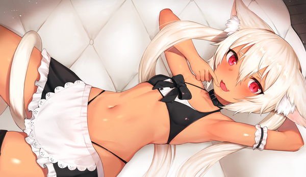 Anime picture 1863x1080 with original mathew (srmmk mce) single long hair looking at viewer blush fringe highres open mouth light erotic smile hair between eyes red eyes wide image twintails animal ears payot white hair tail lying