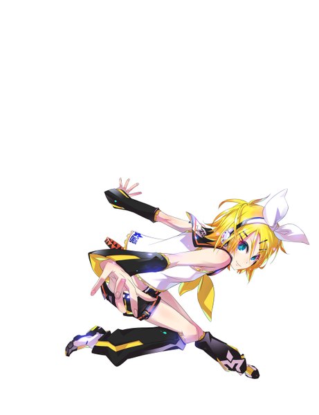 Anime picture 1063x1383 with vocaloid kagamine rin monq (artist) single tall image looking at viewer blush short hair blue eyes simple background blonde hair white background ahoge light smile jumping girl hair ornament bow ribbon (ribbons) hair bow