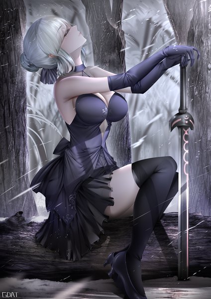 Anime picture 1000x1414 with fate (series) fate/grand order type-moon artoria pendragon (all) saber alter gdat single tall image fringe short hair breasts light erotic blonde hair large breasts sitting bare shoulders signed payot cleavage full body