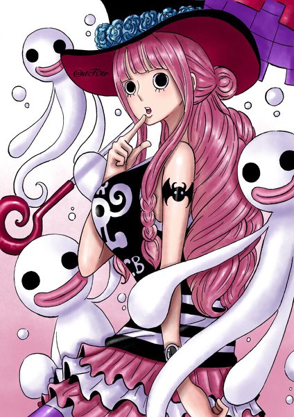 Anime picture 848x1200 with one piece toei animation perona stt0tr single long hair tall image blush fringe open mouth simple background standing signed payot looking away pink hair blunt bangs braid (braids) black eyes teeth