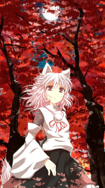 Anime picture 1120x2000 with touhou inubashiri momiji nejime tall image red eyes animal ears white hair autumn girl detached sleeves