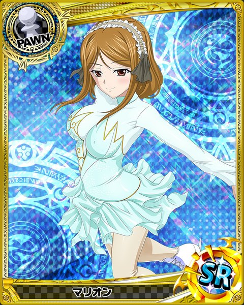 Anime picture 640x800 with highschool dxd marion (high school dxd) single long hair tall image looking at viewer blush smile brown hair brown eyes card (medium) ice skating girl dress headdress short dress