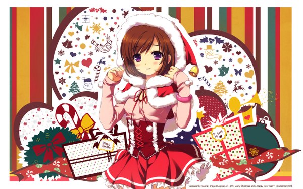 Anime picture 2560x1600 with original alpha (yukai na nakamatachi) single looking at viewer blush highres short hair brown hair wide image purple eyes fur trim christmas merry christmas girl bracelet fur bell gift santa claus hat santa claus costume