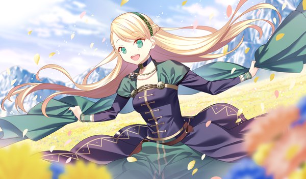 Anime picture 2000x1176 with fate (series) fate/grand order gerda (fate) hamada pochiwo single long hair highres open mouth blonde hair wide image green eyes looking away outdoors :d wind spread arms mountain girl dress flower (flowers)