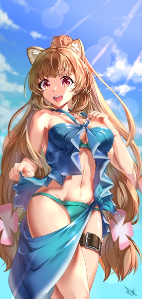 Anime picture 1544x3246 with tate no yuusha no nariagari kinema citrus raphtalia acuma single long hair tall image fringe breasts open mouth light erotic smile brown hair large breasts standing twintails bare shoulders holding signed animal ears