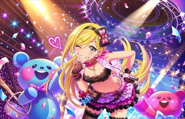 Anime picture 1280x824 with idolmaster idolmaster cinderella girls idolmaster cinderella girls starlight stage fujimoto rina single looking at viewer blush fringe breasts light erotic blonde hair smile hair between eyes holding very long hair one eye closed wink open clothes official art bare belly