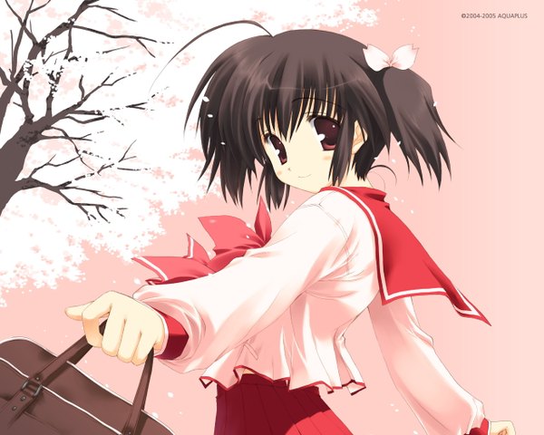 Anime picture 1280x1024 with to heart 2 leaf (studio) yuzuhara konomi mitsumi misato single looking at viewer fringe short hair black hair hair between eyes red eyes twintails payot ahoge light smile short twintails pink background girl skirt uniform