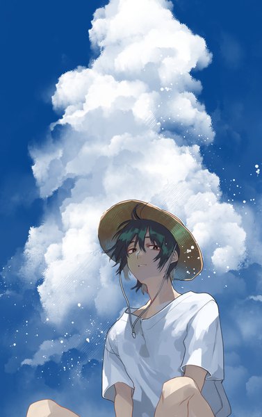 Anime picture 728x1158 with original kyouichi single tall image looking at viewer fringe short hair black hair hair between eyes sitting sky cloud (clouds) ahoge bent knee (knees) outdoors parted lips black eyes boy hat t-shirt