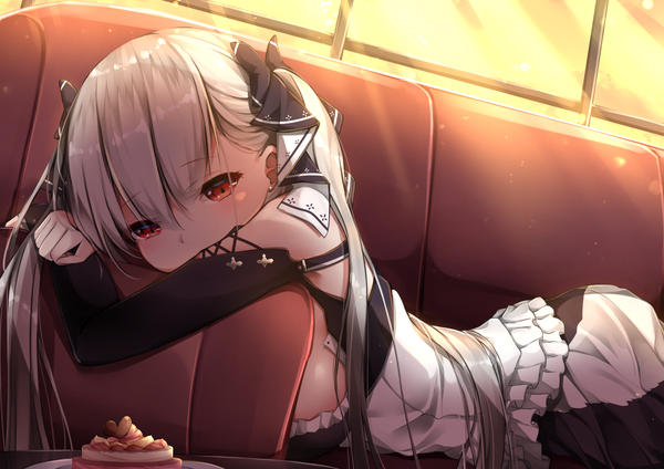 Anime picture 1637x1157 with azur lane formidable (azur lane) umou (may65879) single long hair blush fringe breasts hair between eyes red eyes twintails silver hair indoors lying long sleeves sunlight evening looking down on stomach covered mouth