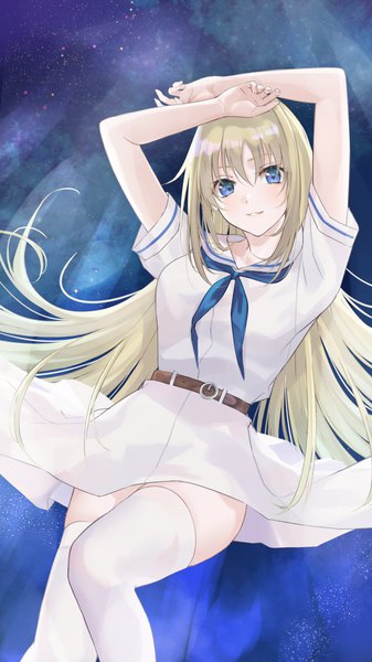 Anime picture 1152x2048 with saki oohoshi awai mexif single long hair tall image looking at viewer blue eyes blonde hair arms up sailor collar girl thighhighs white thighhighs belt sailor dress