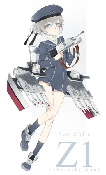 Anime picture 729x1200 with kantai collection z1 destroyer (leberecht maass) hayashi kewi single tall image looking at viewer short hair blue eyes simple background white background silver hair inscription character names girl dress weapon socks gun short dress beret