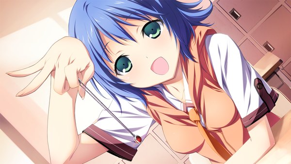 Anime picture 1280x720 with material brave giga shirafuji angeline tsubomi kikuchi seiji short hair open mouth wide image green eyes blue hair game cg girl uniform school uniform pendant