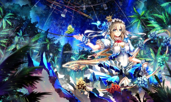 Anime picture 2508x1500 with original glycyrrhizae single long hair looking at viewer highres blue eyes blonde hair wide image sky night sparkle shooting star girl dress flower (flowers) plant (plants) tree (trees) frills headdress