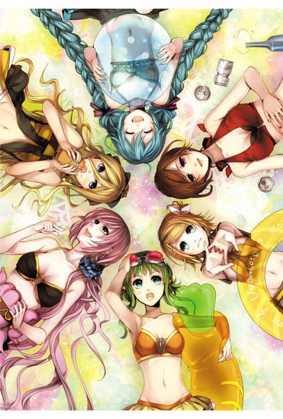 Anime picture 1024x1512 with vocaloid hatsune miku megurine luka kagamine rin gumi meiko lily (vocaloid) sagula long hair tall image short hair open mouth blue eyes blonde hair red eyes brown hair twintails multiple girls pink hair braid (braids)