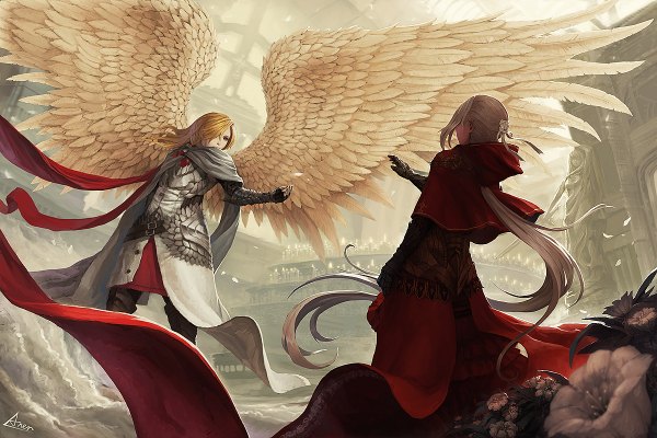 Anime picture 1200x800 with original aner (qqan00) long hair fringe blonde hair red eyes multiple girls white hair very long hair hair over one eye angel wings angel girl flower (flowers) 2 girls wings armor candle (candles) statue