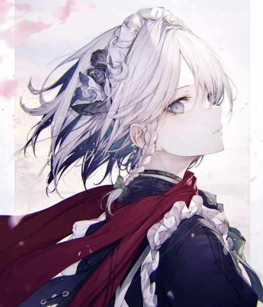 Anime picture 4195x4901 with touhou izayoi sakuya hito komoru single tall image looking at viewer fringe highres short hair hair between eyes absurdres silver hair upper body braid (braids) parted lips profile hair flower wind grey eyes puffy sleeves