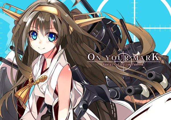 Anime picture 1000x706 with kantai collection kongou battleship shirokitsune single long hair looking at viewer blue eyes smile brown hair bare shoulders traditional clothes japanese clothes inscription nontraditional miko girl hair ornament weapon gun