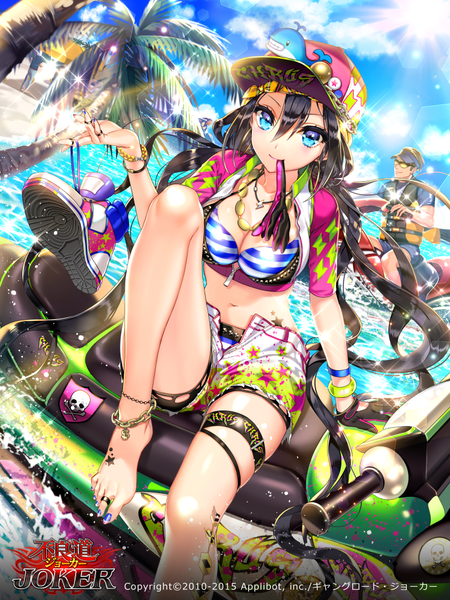 Anime picture 750x1000 with joker ~gang road~ cocoon (loveririn) long hair tall image blue eyes light erotic black hair holding sky cloud (clouds) mouth hold girl boy swimsuit plant (plants) bikini tree (trees) bracelet sea palm tree