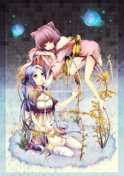 Anime picture 1765x2500 with original nyaroro (artist) long hair tall image highres short hair open mouth blue eyes twintails multiple girls animal ears blue hair purple hair pink eyes cat ears ghost girl thighhighs hair ornament 2 girls