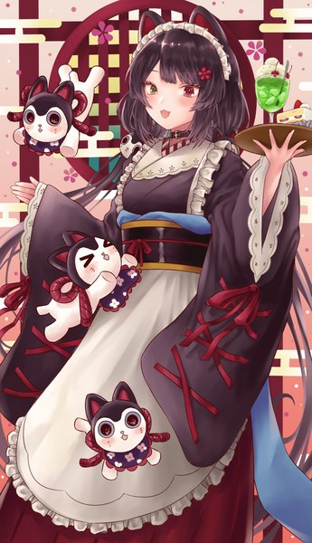 Anime picture 2160x3760 with virtual youtuber nijisanji inui toko gfpebs single tall image highres open mouth black hair twintails animal ears very long hair traditional clothes :d japanese clothes heterochromia low twintails dog ears egasumi wa maid