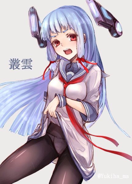 Anime picture 866x1204 with kantai collection murakumo destroyer yukihama single long hair tall image looking at viewer blush fringe open mouth light erotic simple background red eyes signed blue hair grey background embarrassed character names hieroglyph eyebrows