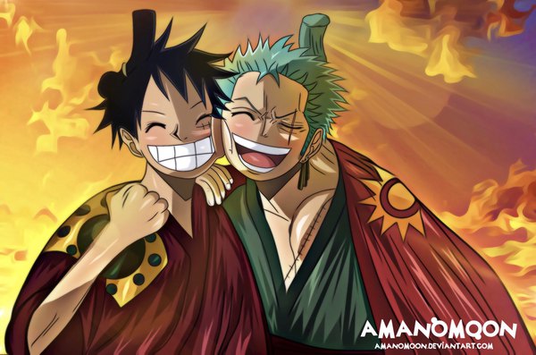 Anime picture 2048x1357 with one piece toei animation monkey d. luffy roronoa zoro amanomoon blush highres short hair open mouth black hair smile signed cloud (clouds) upper body outdoors eyes closed traditional clothes japanese clothes green hair multiple boys