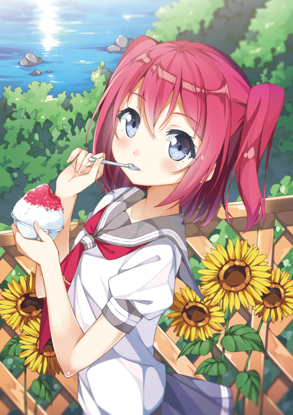 Anime picture 614x869 with love live! sunshine!! sunrise (studio) love live! kurosawa ruby taiyaki (astre) single tall image looking at viewer blush short hair blue eyes red hair two side up girl uniform flower (flowers) serafuku sunflower shaved ice