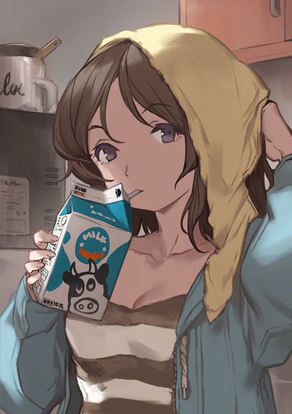 Anime picture 1343x1900 with original umberwig single tall image looking at viewer short hair breasts light erotic brown hair purple eyes holding upper body grey hair drinking girl towel drinking straw milk milk carton
