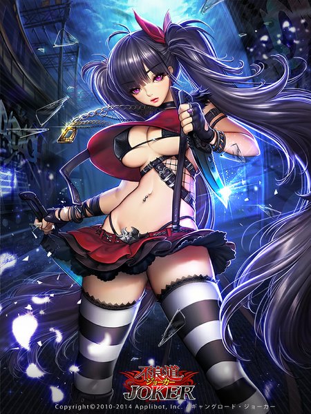 Anime picture 700x933 with joker ~gang road~ dadachyo single tall image looking at viewer breasts light erotic black hair purple eyes twintails very long hair girl thighhighs skirt gloves navel underwear panties bow hair bow