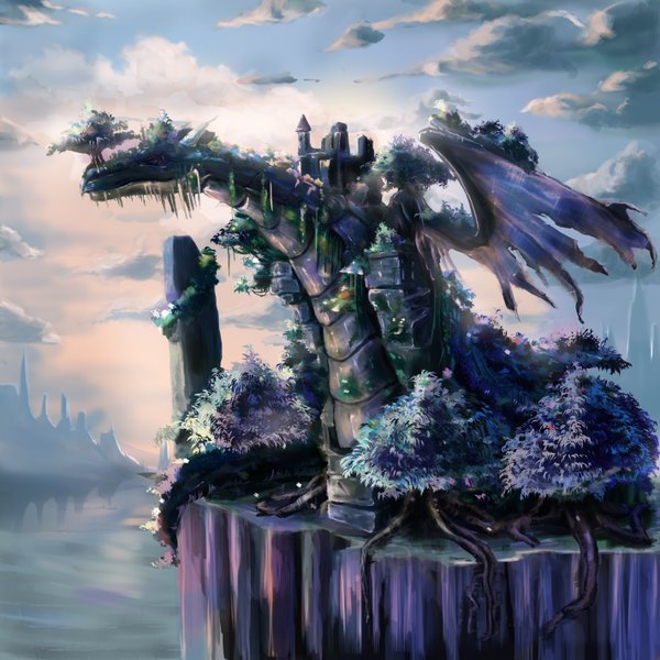 Anime picture 2844x2844 with original inz (pixiv) highres sky cloud (clouds) landscape rock overgrown plant (plants) wings tree (trees) water dragon castle roots
