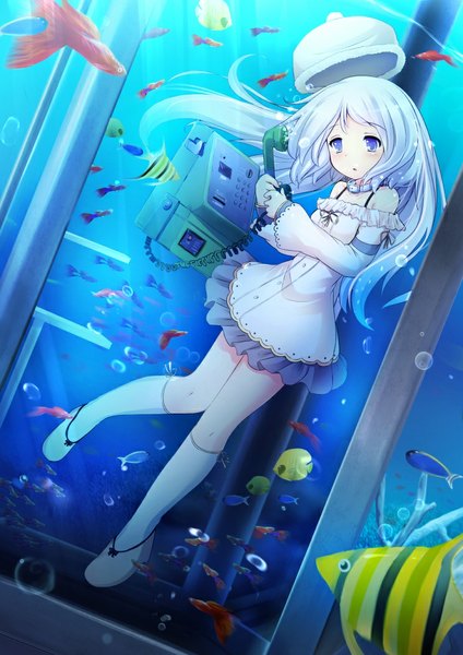 Anime picture 744x1052 with original snow (gi66gotyo) single long hair tall image blue eyes bare shoulders looking away white hair underwater girl dress hat socks white socks bubble (bubbles) fish (fishes) phone
