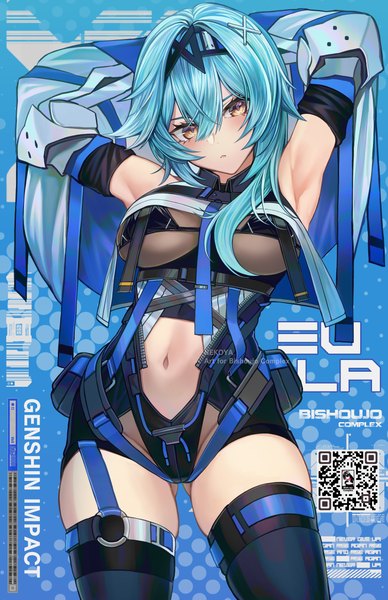 Anime-Bild 3300x5100 mit genshin impact eula lawrence nekodayo22 single long hair tall image fringe highres breasts light erotic hair between eyes large breasts standing signed yellow eyes blue hair looking away absurdres long sleeves inscription
