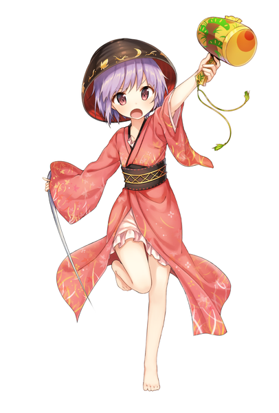 Anime picture 1000x1475 with touhou sukuna shinmyoumaru shnva single tall image blush short hair open mouth simple background white background purple eyes holding looking away purple hair traditional clothes japanese clothes barefoot girl kimono
