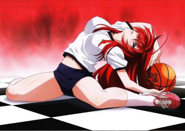 Anime picture 6945x4942 with highschool dxd rias gremory miyama zero mishima hiroji single long hair looking at viewer blush highres open mouth blue eyes light erotic absurdres red hair scan official art checkered floor exercise girl uniform